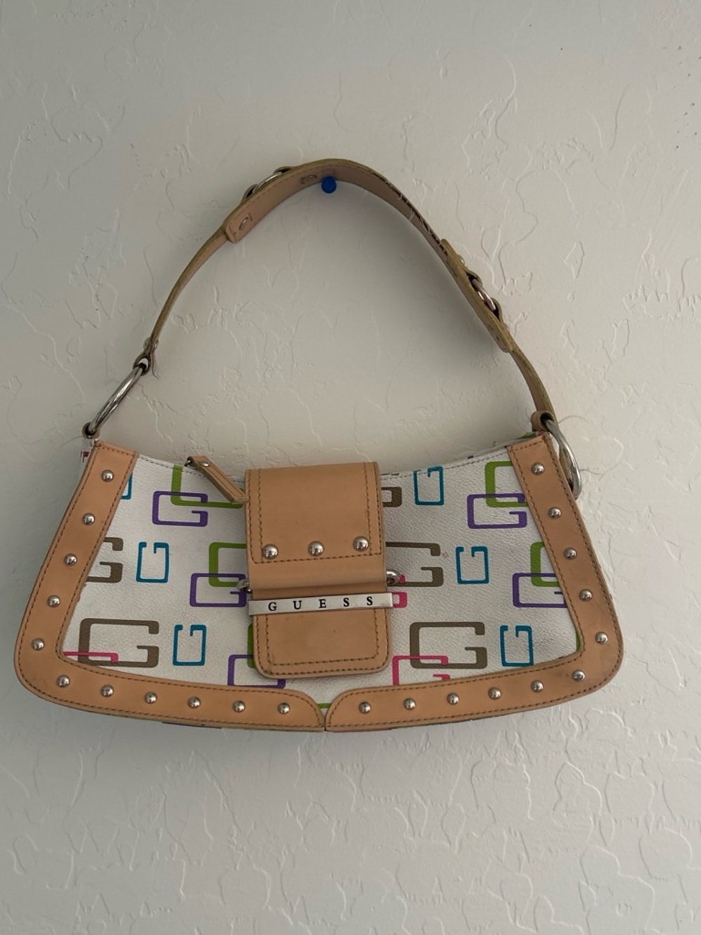 GUESS Multicolor Logo Canvas Shoulder Bag with Tan Trim